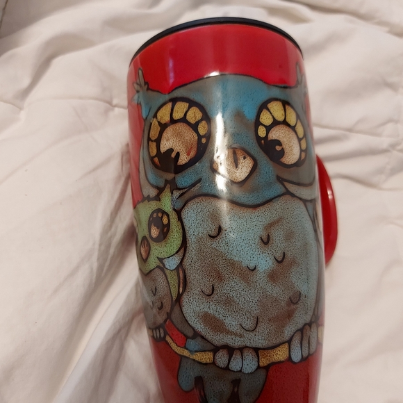 Other - Coffee mug  travel with lid  large ceramic  owl design  on burgundy background
